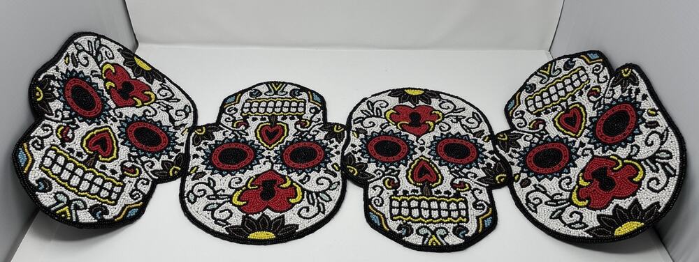 Beaded Skulls Table Runner Vibrant Day Of The Dead Heart Lock Goth Centerpiece